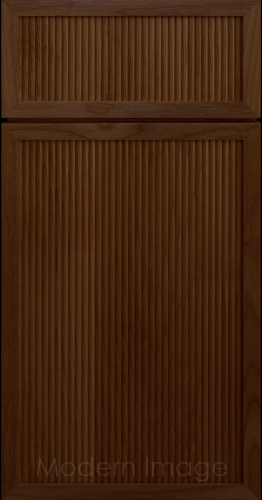 Arcadia Reed Cabinet in Pecan stain, featuring a Narrow Frame and a Slim Fluted Center Panel.